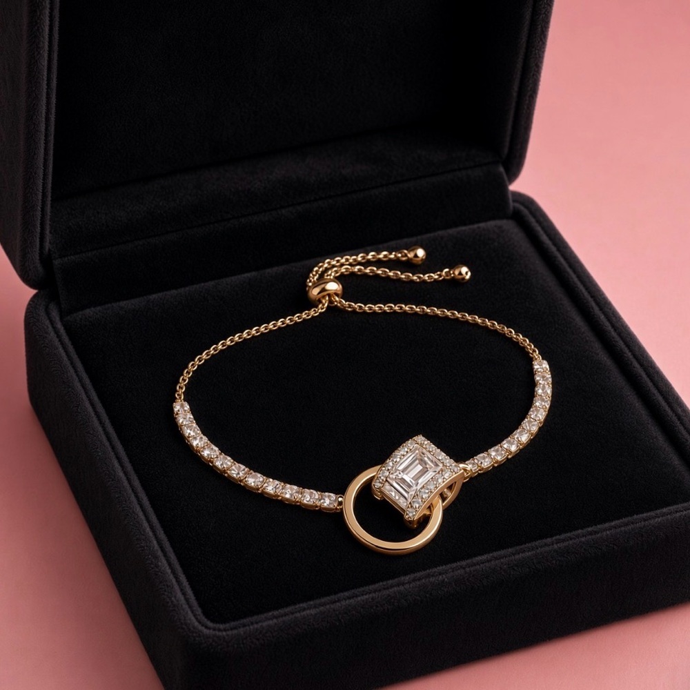 Hand Crafted Gold Bracelet with Clear Crystal Ring Accent